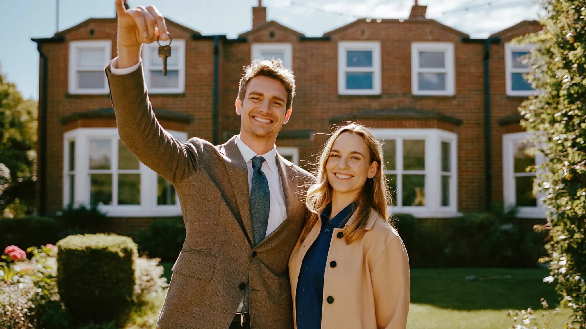 A smiling first-time buyer couple standing outside their new UK home holding a set of keys.