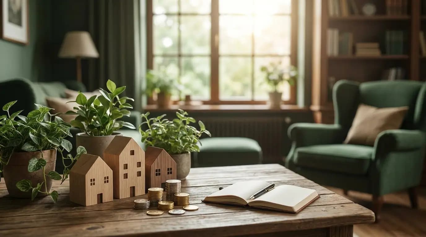 An investor comparing property figures on a tablet beside a model house and rising bar chart