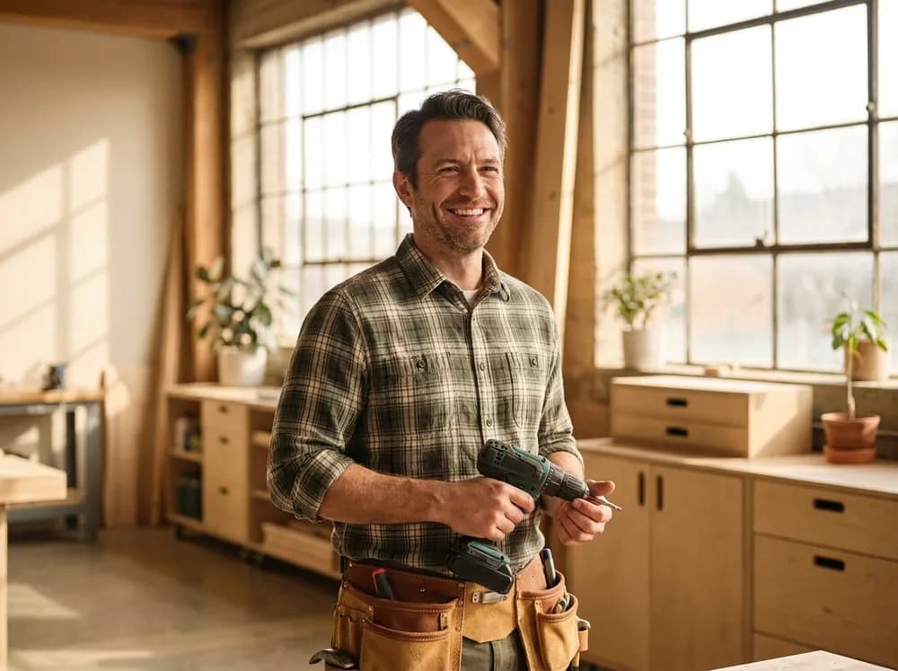 A tradesperson at work in a bright workshop